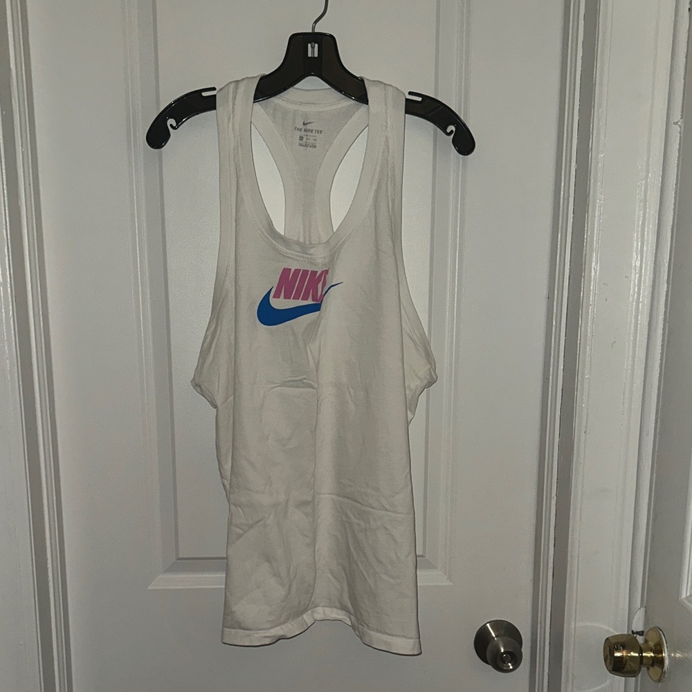 Nike White Racerback Tank with Pink Logo and Blue Swoosh